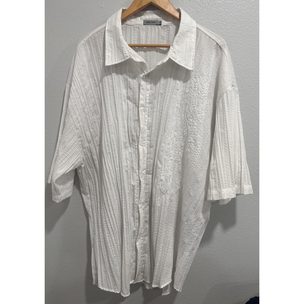 Pop Icon Shirt Men 4X White Short Sleeve Button Up Casual Y2K Grunge Embroidered